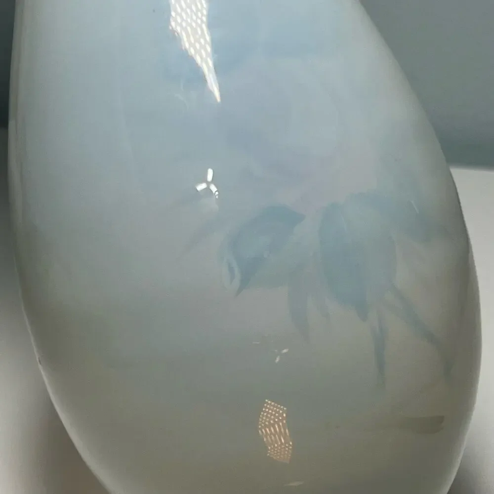 Vintage 40s White Opaline Glass Hand Painted Vase Blown Art Glass Floral - Picture 9 of 12